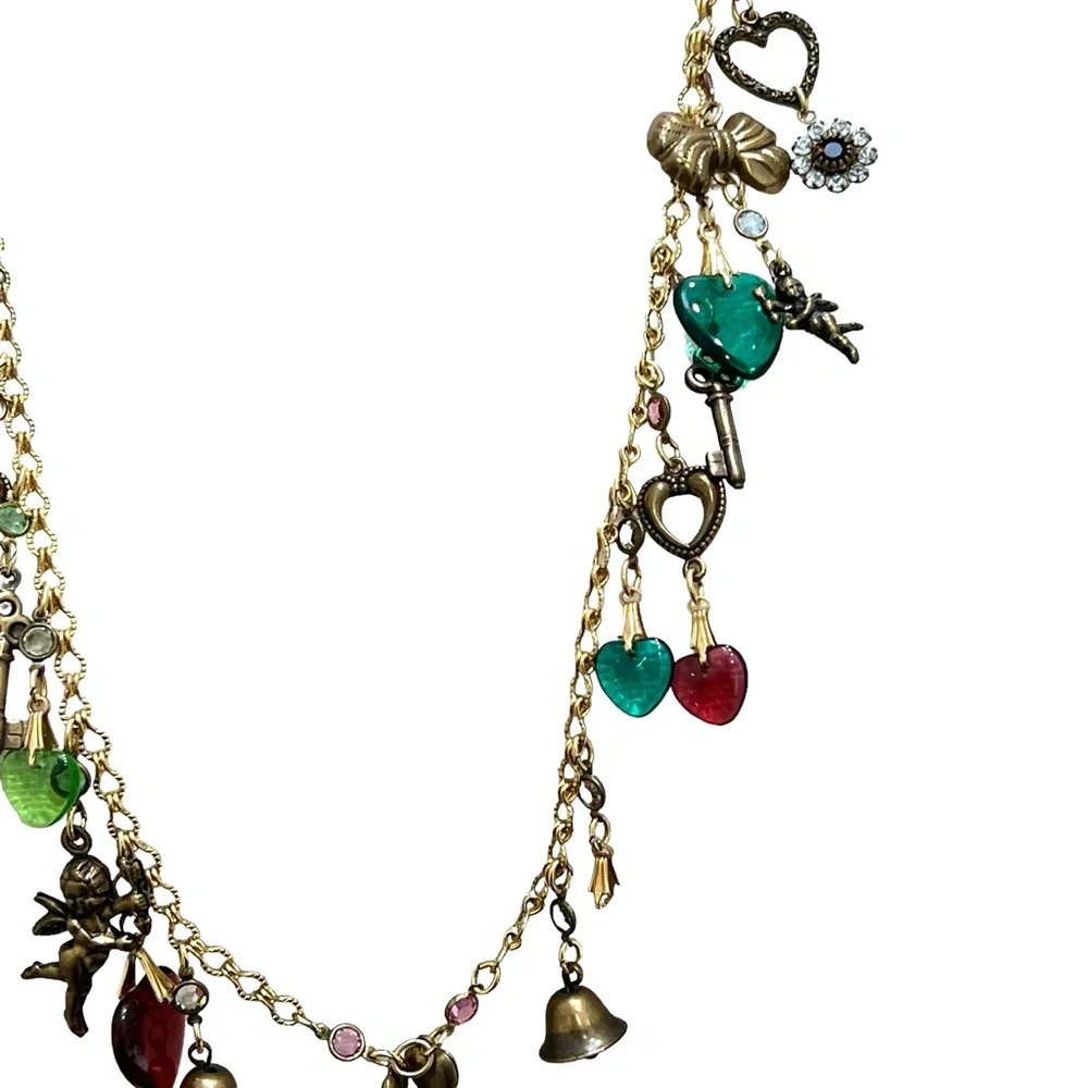 VINTAGE CHARM NECKLACE WITH CUPIDS, HEARTS , BELLS, KEYS & FLOWERS - Picture 12 of 16